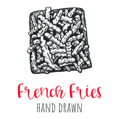 French fries fast food realistic hand drawn illustration, isolated vector sketched clip art.