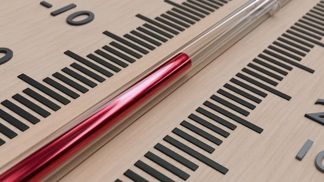 Temperature rise in wooden thermometer. Animation of rising red indicator showing temperature.