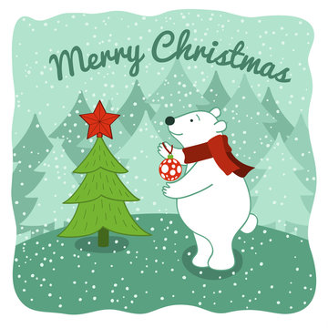 Vector hand-drawn card with polar bear in the winter forest. Polar bear awaiting Christmas and new year.