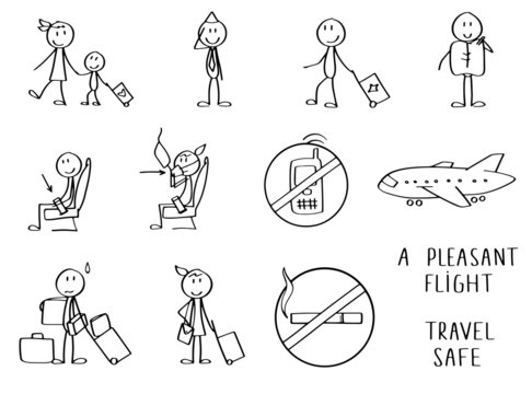 Stick figures symbolizing travel by airplane. Sitting in the chairs and showing safety rules. Also going or standing with bags and luggage. Includes a couple of rules signs on board. 
