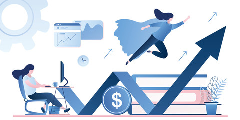 Businesswoman working and flying like superhero with briefcase. © naum