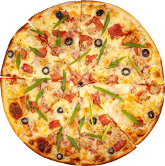 Pizza with bacon, cheese and olives top view.