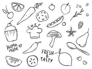 Set of food outlined drawings. Simple hand drawn doodles with different type of tasty food objects. Black and white separated elements. 