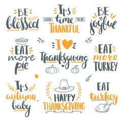 Thanksgiving day lettering and doodles. Vector set with decorations for Thanksgiving card isolated on white.