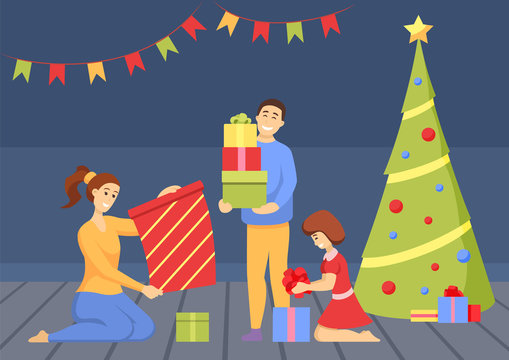 Christmas celebration of family vector. Mother and father with kids packing presents. Tradition of exchanging gifts on winter holidays. Room with flags and pine tree with baubles and star decor on top