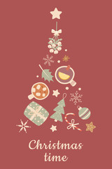 Christmas festive concept: Christmas tree with cups with hot chocolate and spicy tea top view,mistletoe branch,snowflakes and gingerbread.New Year bundle decor design elements. Flat vector set