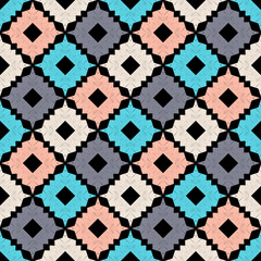 Ethnic boho seamless pattern. Lace. Embroidery on fabric. Patchwork texture. Weaving. Traditional ornament. Tribal pattern. Folk motif. Vector illustration for web design or print.