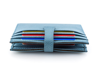 Blue color cardholder full of different plastic cards