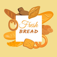 Banner with bakery products. Wheat, rye and whole grain bread. Pretzel and bagel, ciabatta and muffin, croissant and French baguette, long loaf and toasts