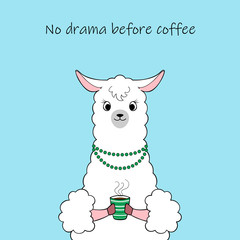 Cute cartoon llama wearing necklace holding a cup of coffee. Hand drawn illustration