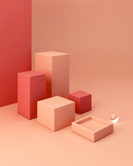 Pink coral shapes on a coral abstract background. Minimal boxes and corner podium. Scene with geometrical forms. Empty showcase for cosmetic product presentation. Fashion magazine. 3d render. 