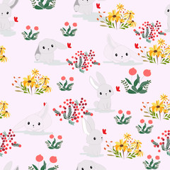 Cute rabbit in flower garden seamless pattern