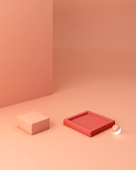 Pink coral shapes on a coral abstract background. Minimal boxes and corner podium. Scene with geometrical forms. Empty showcase for cosmetic product presentation. Fashion magazine. 3d render. 