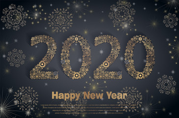 Happy New Year 2020. Background with golden sparkling texture snowflake. Patina Gold Numbers 20, 2, 0, 02. Bright foil surface. Vector Illustration for holiday greeting card, invitation, calendar