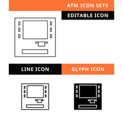 Atm icons set vector design, modern editable line and  glyph icon, black color and isolated for icon presentation, website and banner