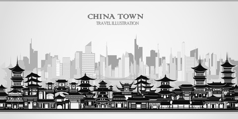 Vector greeting card with Chinese traditional houses in black and white.