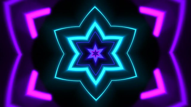 Neon colored flower and star shapes coming towards the viewer.