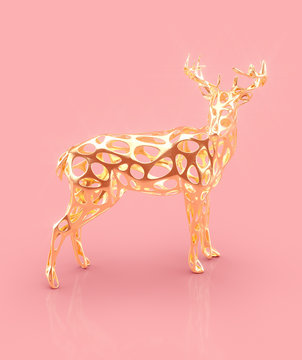 Golden Christmas reindeer figurine isolated on rose gold background. Christmas decoration. 3D rendering.