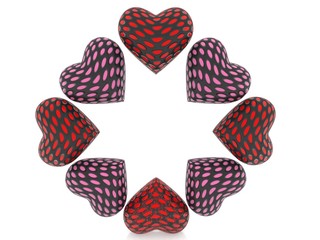 Red and pink abstract hearts in the form of a circle
