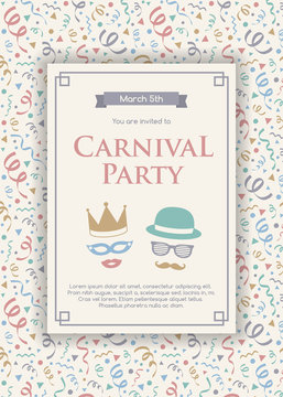 Multicolored Carnaval Party invitation card with colorful elements. Vector