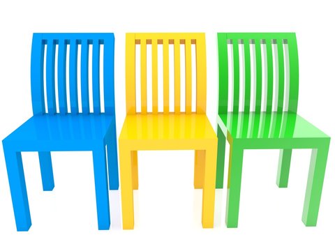 Blue, green and yellow chairs on a white background