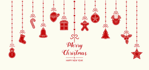 Naklejka premium Vintage Christmas card with hanging hand drawn elements. Vector.