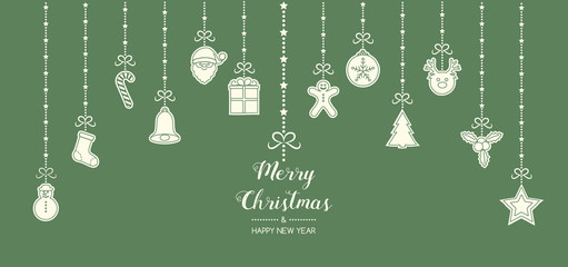 Christmas greetings with hanging decorations. Vector.