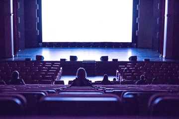 The audience in the cinema watching a film. White screen for your image.