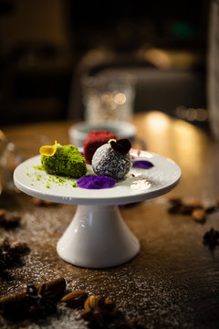 Vegan Truffles Dessert Served On A Plate In Restaurant