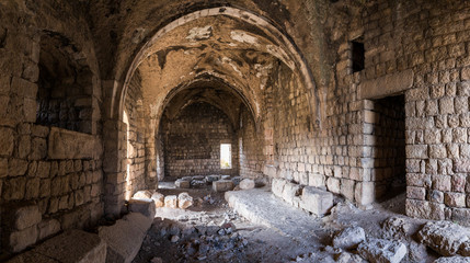 The ruins  of main hall of crusader Fortress Chateau Neuf - Metsudat Hunin is located at the entrance to the Israeli Margaliot village in the Upper Galilee in northern Israel