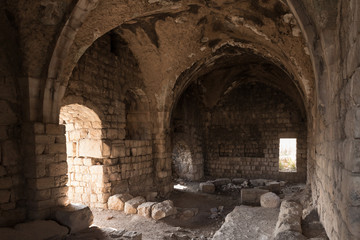 The ruins   of main hall of crusader Fortress Chateau Neuf - Metsudat Hunin is located at the entrance to the Israeli Margaliot village in the Upper Galilee in northern Israel