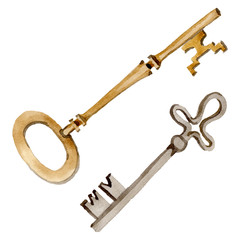 Isolated old key illustration element. Watercolor background illustration set. Isolated keys illustration element.