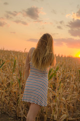 woman in the fields on sunset. Travel concept