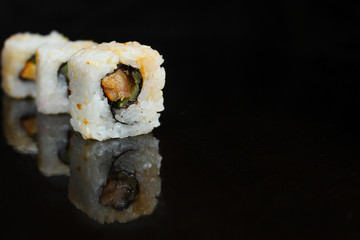 sushi rolls, traditional Japanese food (rice, nori and seafood) menu concept. food background. copy space. Top view