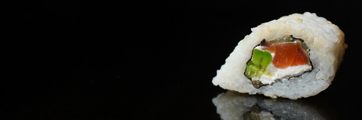 sushi rolls, traditional Japanese food (rice, nori and seafood) menu concept. food background. copy space. Top view