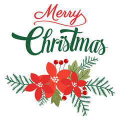 Obraz premium Merry christmas lettering on white background with flowers.