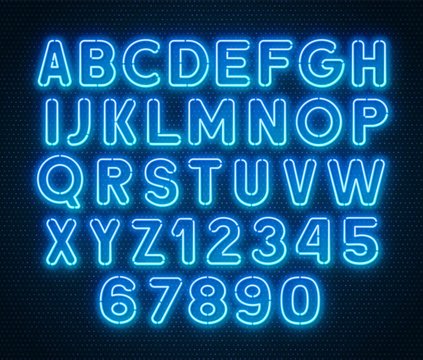 Neon rounded blue font, glowing alphabet with numbers. on a dark background.
