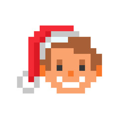 Fototapeta premium Happy smiling Santa Claus' son in a red Christmas hat, pixel art character isolated on white. 8 bit winter holiday boy logo. Vintage retro 80s-90s slot machine/video game graphics. User avatar icon.