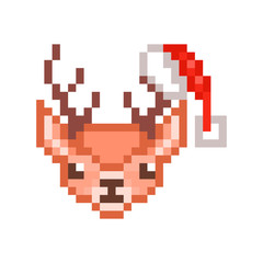 Cute Santa's reindeer wearing Christmas hat on a horn, pixel art character isolated on white background. 8 bit deer head symbol. Winter holiday logotype. Retro user avatar icon, sticker, emoji, print.