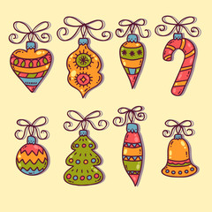 Christmas toys decorative holiday balls vector icons set