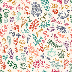 Seamless floral pattern with doodles flowers, branches, leaves, herbs, and plants.