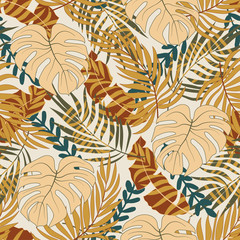 Original tropical seamless background with bright orange plants and leaves on white background.   Vector design. Jungle print. Floral background.  Jungle leaf seamless vector floral pattern background
