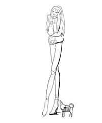 Young beautiful smiling girl model, in a volume sweater, high heels, with a cup of coffee in her hands and her dog in a sweater, fashion illustration, linear drawing, vector