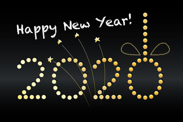 New Year 2020 greeting design card or banner, in golden and black colors