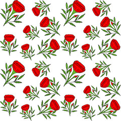 doodle poppy with leaf, flower pattern, vector illustration