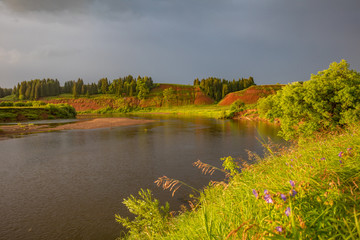 Fototapeta na wymiar Beautiful summer landscape with green meadows, blue sky, sun and a river
