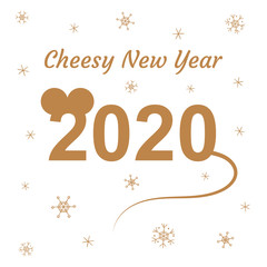 Obraz na płótnie Canvas 2020 in the shape of a mouse. Cheesy New Year. Silhouette. Snowflakes. Greeting card, banner, poster. Isolated objects on a white background. Holiday. Winter. The time of miracles. Dreams Golden color
