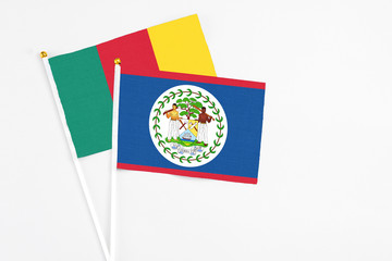 Belize and Cameroon stick flags on white background. High quality fabric, miniature national flag. Peaceful global concept.White floor for copy space.