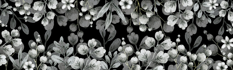 gray leaves branches and flowers, freehand drawing in pencil illustration, frame template for design of wedding invitations,  background