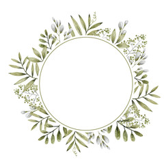 green and gray leaves branches and flowers, freehand drawing in pencil illustration, round frame template for design and logo of the invitation wedding, background